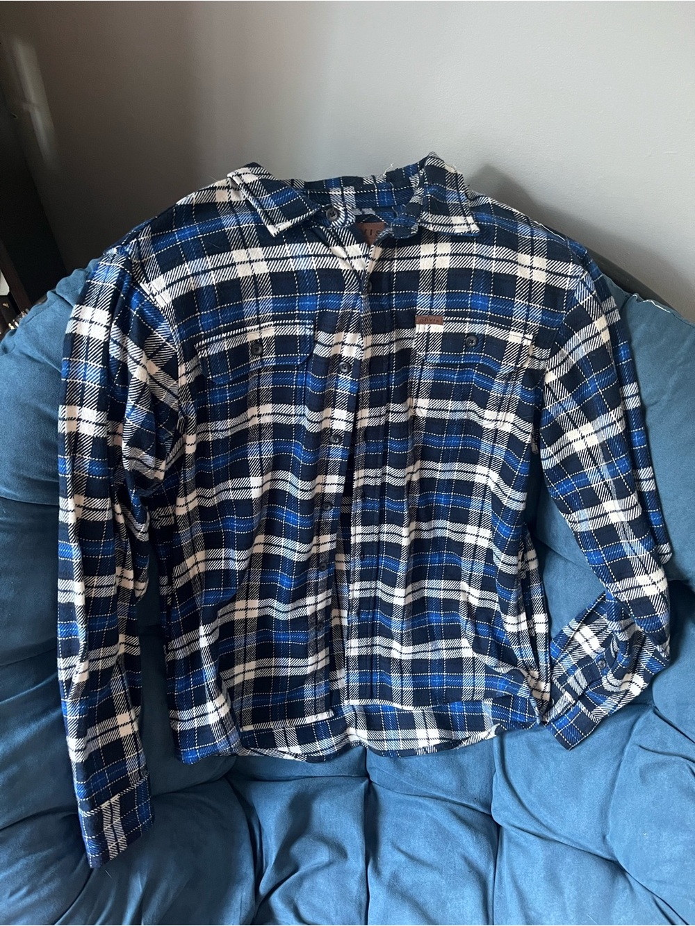 Men's Orvis Blue and White Plaid Button-Down Shirt